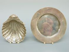A hallmarked silver calling card tray, diameter 12cm and a shell shaped footed bonbon dish,