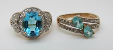 Two 9ct gold rings set with blue topaz and diamonds (size N and P)