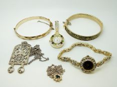 A Welsh silver marriage pendant, a rolled gold bangle, a watch pendant,