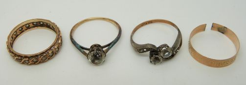 Two silver and 9ct gold rings and two yellow metal rings, 3.