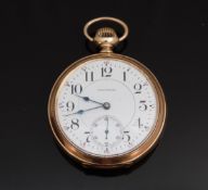 Waltham gentleman's keyless winding open faced pocket watch with subdsidiary seconds dial,