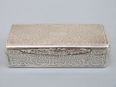 A French white metal table top snuff box with maze effect decoration and vacant cartouche,
