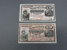 Two Mexico specimen notes 50 Centauos 1875 Ca 1881 S190 series B unc ex Stacks and Bowers