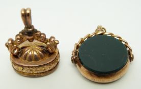 A 9ct gold swivel fob set with blood agate and another 9ct gold ingot / seal set with blood stone