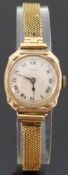 Mappin 9ct gold ladies wristwatch with black hands and Roman numerals, on mesh bracelet,