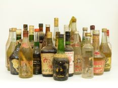 Twenty three bottles of vintage wines and spirits, many with missing labels but includes Akai sake,