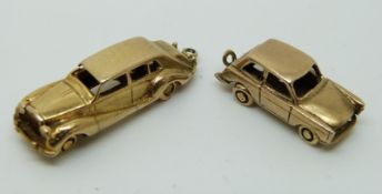 A 9ct gold charm in the form of an Austin A40 and another 9ct gold charm in the form of a Rolls