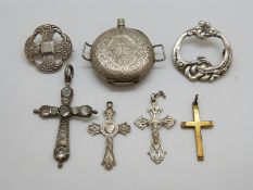 A Scottish silver kilt pin, three silver crosses, gold plated cross,