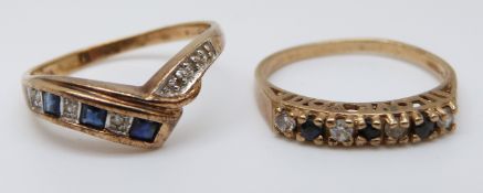 A 9ct gold ring set with sapphires and diamonds in a V shape and a 9ct gold ring set with sapphires