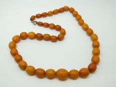 An amber necklace of 65 graduated ovoid egg yolk coloured beads, the largest approximately 13x11mm,
