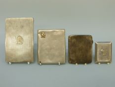 Four hallmarked silver cigarette cases including two slide to open examples with gold animals to