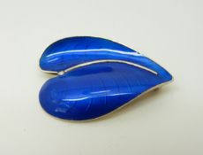 A Norwegian silver brooch set with blue enamel in the form of a leaf, 4.