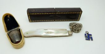 A Victorian silver and mother of pearl fruit knife in original case,