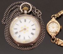 A hallmarked silver ladies keyless winding pocket watch with Roman numerals,