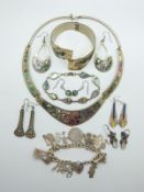 A suite of silver jewellery set with abalone marked Alpaca to Mexico , silver charm bracelet,