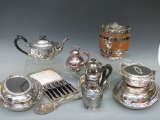 A quantity of silver plated ware to include oak biscuit barrel and serving dishes