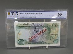 Jersey 1983-93 £10 specimen P13bs gold shield grading,