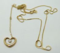 An 9ct gold necklace with a 9ct gold pendant in the form of a heart and a 9ct gold necklace, 3.