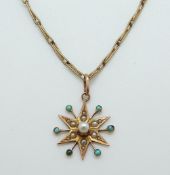 A 9ct gold Edwardian pendant in the form of a star set with seed pearls and turquoise, 3.