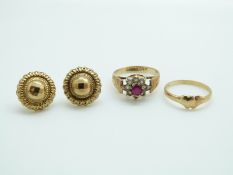 A yellow metal ring marked 14k (0.5ct), a 9ct gold ring and a pair of 9ct gold earrings (2.