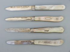 Three Victorian and one Edward VII hallmarked silver engraved mother of pearl fruit knives,