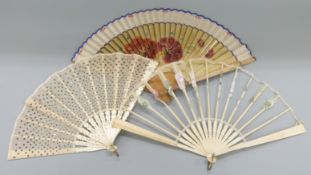 An ivory fan with inlaid decoration to the guardsticks and a handpainted fan,