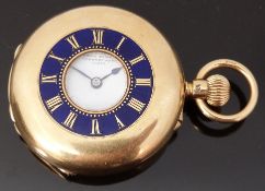 E F Ashley of Clerkenwell 18ct gold keyless winding half hunter pocket watch with blue enamel