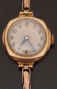 9ct gold ladies wristwatch with blued hands and Arabic numerals, on 9ct gold expanding bracelet,