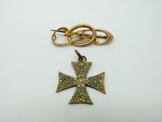 A 9ct gold brooch and a gold plated cross pendant set with pearls