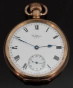 Waltham gold plated keyless winding open faced pocket watch with subsidiary seconds dial,