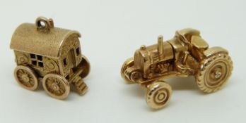 A 9ct gold charm in the form of a tractor and a 9ct gold charm in the form of a trailer, 10.