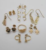 Two pairs of 9ct gold earrings, a pair of 9ct gold earrings set with amethysts, a 9ct gold ring,