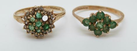 Two 9ct gold rings set with emeralds (size M and N)