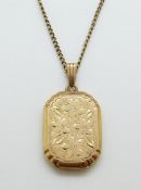 A 9ct gold locket with chased flower decoration on a 9ct gold chain, 8.