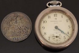Ingersoll keyless winding gentleman's pocket watch (case diameter 52mm) and an 1897 crown.
