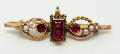 A 15ct gold brooch set with rubies and seed pearls, 2.