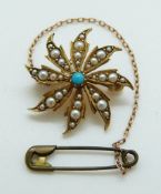 A 9ct gold turquoise and seed pearl star brooch/pendant, 4.