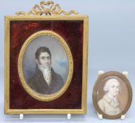 Two framed portrait miniatures on ivory of gentlemen, one in Regency costume with cravat,