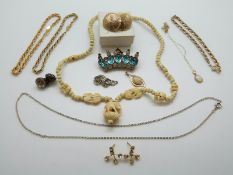 A bone necklace, a 9ct gold chain and a yellow metal pendant set with an opal,