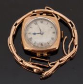 9ct gold wristwatch with Roman numerals, blued hands and silvered face,