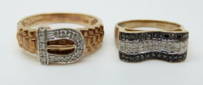 A 9ct gold ring set with diamonds in the form of a buckle and a 9ct gold ring set with two rows of