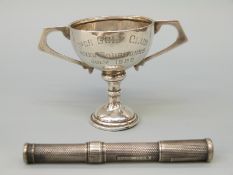 S. Mordan & Co Patent hallmarked silver double ended pen/pencil and a small silver trophy.