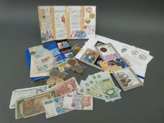 A collection of modern crowns etc, includes a silver VE Day commemorative example, a few stamps etc,