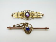 A 9ct gold brooch set with seed pearls and blue paste and a 9ct gold brooch set with an amethyst