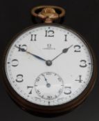 Omega gold plated keyless winding open faced gentleman's pocket watch with subsidiary seconds dial,