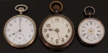A hallmarked silver ladies pocket watch together with two gentleman's keyless winding open faced