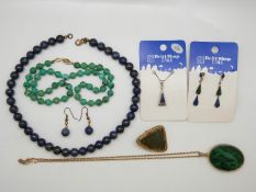 A lapis lazuli beaded necklace, turquoise beaded necklace, 9ct gold necklace,