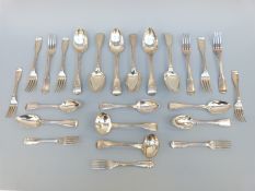 A Georgian part canteen of fiddle and thread pattern cutlery comprising 6 dinner forks, length 20cm,
