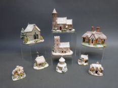 Nine Snowy scene Lilliput Lane cottages and churches,