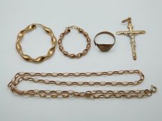 A 9ct gold belcher chain, 9ct gold earrings and a 9ct gold cross, 6.